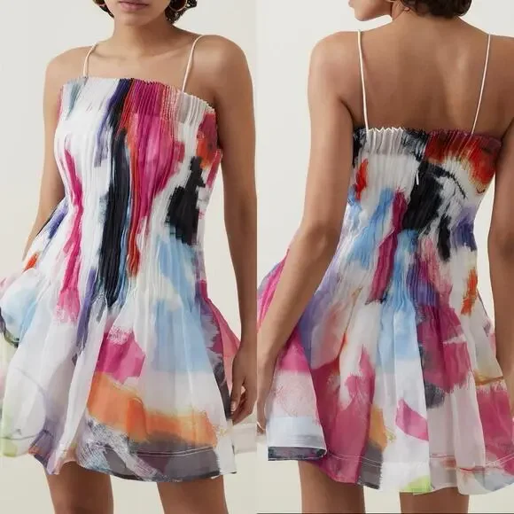 Aje Celestial Pleated Organza Sleeveless Mini Dress Abstract Pink Blue Size 6